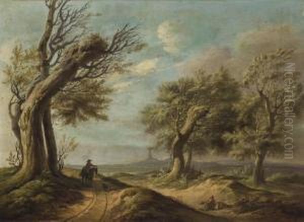 Paysage Avec Un Cavalier Et Un Mendiant Oil Painting by Johannes Van Drecht