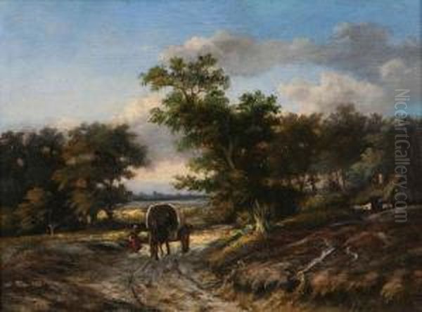 Boerenfamilie Met Paard En Kar Op Landweg Oil Painting by Albertus Jacobus Sap Van Drenthe