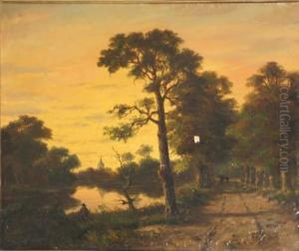 Romantische Fluslandschaft Mit Weg Und Personen Oil Painting by Albertus Jacobus Sap Van Drenthe