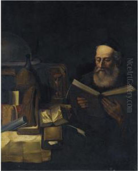 A Scholar In His Study Reading Oil Painting by Willem Van Drielenburgh