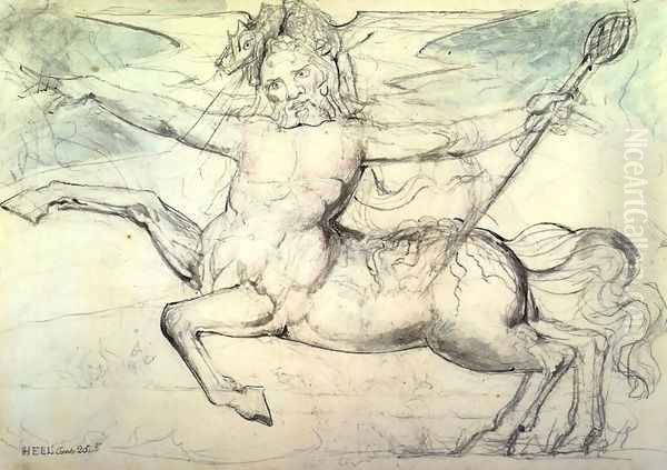 Inferno, Canto XXV, 12-33, Centaur Cacus Threatens Vanni Fucci Oil Painting by William Blake