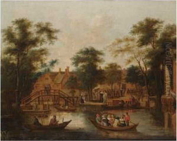 A Wooded River Landscape With A Village With Fishermen And Anelegant Company In A Rowing Boat In The Foreground, Two Elegantfigures On A Wooden Bridge On The Left, Other Figures On The Riverbanks Oil Painting by Willem Van Drielenburgh