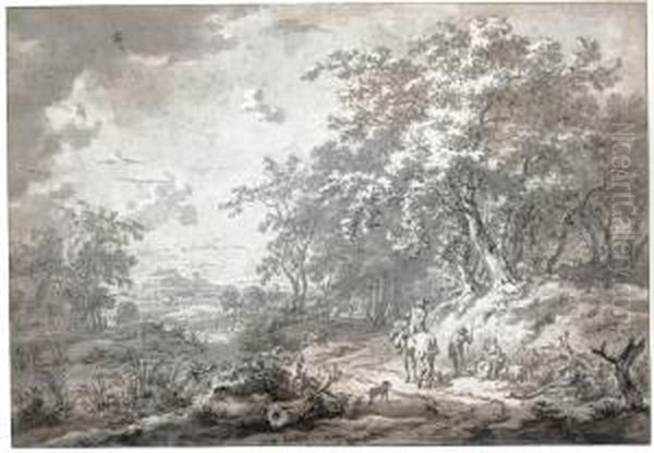 Extensive Pastoral Landscape With Peasants Resting On A Woodedroad, Bathers In A River Behind, And Distant Hills Oil Painting by Egbert Van Drielst