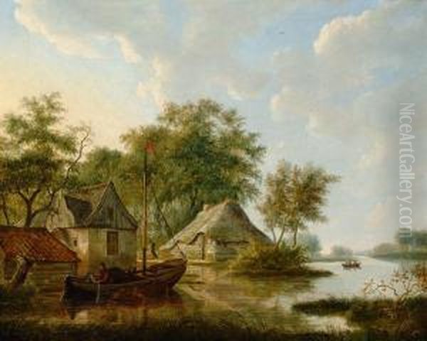 Summer Landscape With Angler Oil Painting by Egbert Van Drielst