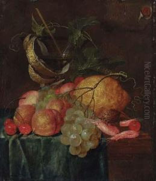 A Still Life With Shrimp, Grapes, Cherries, Peaches And A Glass Goblet On A Partially Covered Table Oil Painting by Isaac Van Duynen