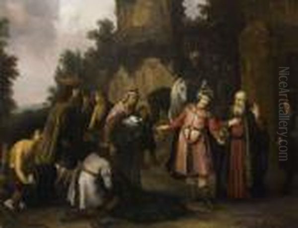 Le Prophete Elisee Refuse Les Presents Que Lui Offre Naaman Oil Painting by Abraham van Dijck