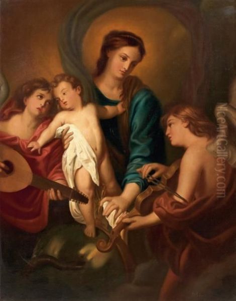 La Vierge A L'enfant Entre Deux Anges Musiciens Oil Painting by Sir Anthony Van Dyck