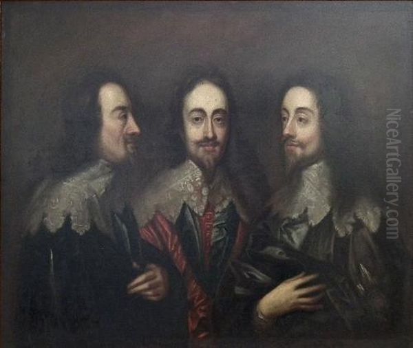 Triple Shoulder Length Portrait Of Charles I In Differing Poses Oil Painting by Sir Anthony Van Dyck