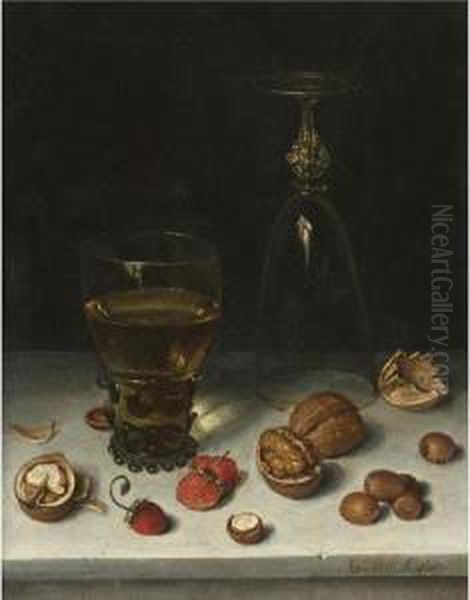 Still Life Of Walnuts, Hazelnuts, Strawberries, A Roemer And An Overturned Wine Glass, All Resting On A Table Oil Painting by Floris Claesz Van Dijck