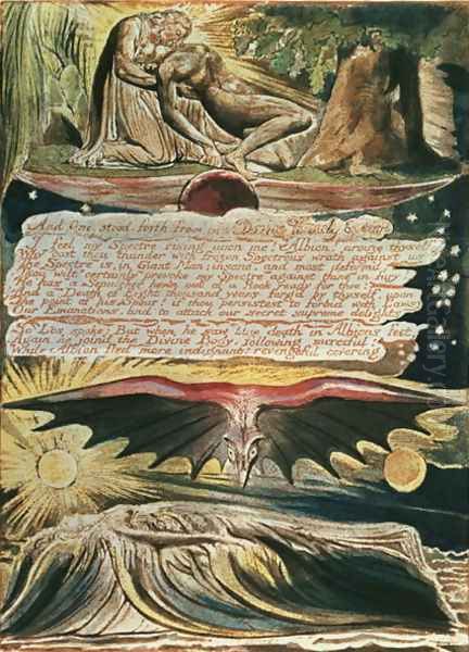 Jerusalem The Emanation of the Giant Albion- 'And One stood forth', top to bottom, Los supported by Christ; Albion's burial in the Supulcher, 1804 Oil Painting by William Blake