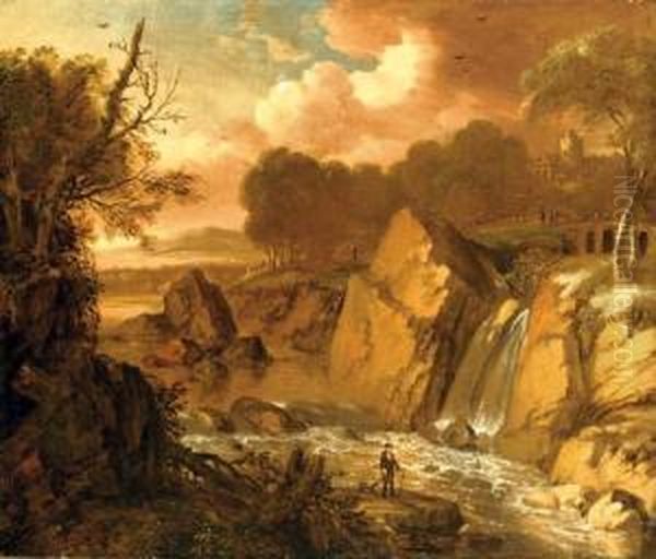 A Traveler On A Path By A Waterfall In An Italianate Landscape, A Fortress Beyond Oil Painting by Gerard Van Edema