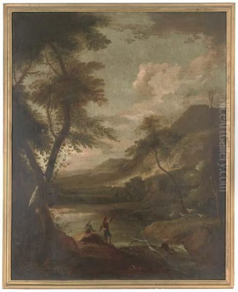 A Rocky Wooded River Landscape With Figures And Sheep Oil Painting by Gerard Van Edema