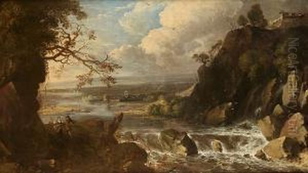 An Extensive River Landscape With Peasants On A Track, A View To A Waterfall And A Village Beyond Oil Painting by Gerard Van Edema