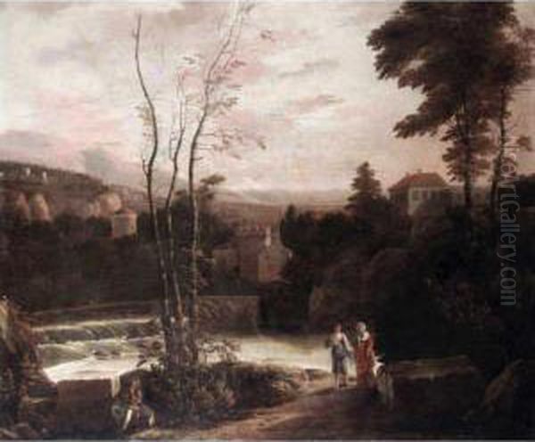 An Extensive Italianate Landscape With Two Women Walking On A Path And A Fisherman Resting On A Stone In The Foreground. Oil Painting by Gerard Van Edema