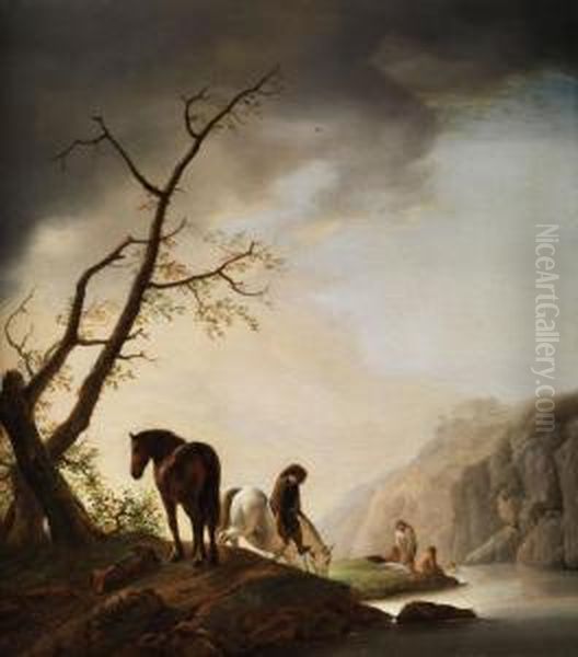 Pferdehirte Auf Weissem Schimmel In Betrachtung Badender Frauen An
Einem Fluss Oil Painting by Adriaen van Eemont