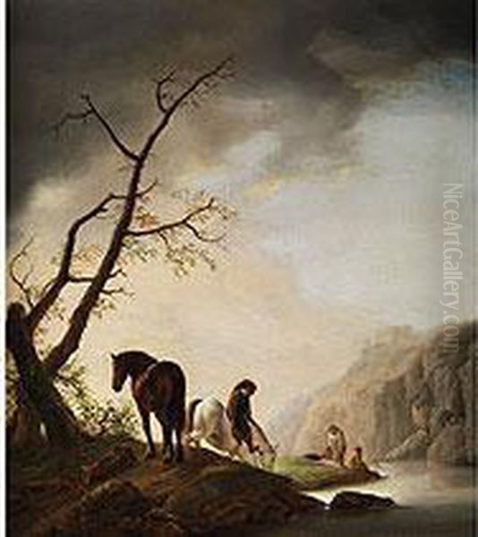 Pferdehirte Auf Weissem Schimmel In Betrachtung Badender Frauen An Einem Fluss Oil Painting by Adriaen van Eemont