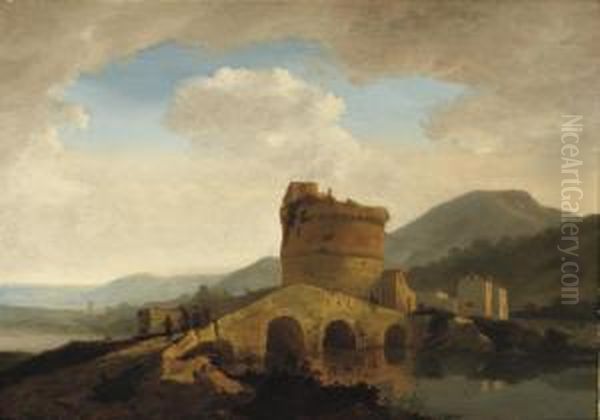 An Italiante River Landscape With The 'anio' Bridge Near The Memorial Of 'plautii' Oil Painting by Adriaen van Eemont