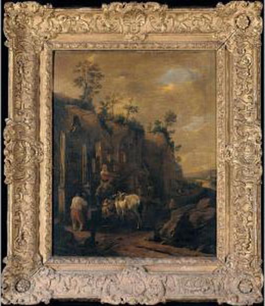 An Italianate Landscape With Drovers And Travellers Resting Beside A Well Oil Painting by Adriaen van Eemont