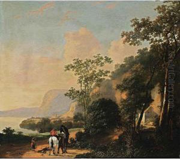 A Southern Coastal Landscape With Horsemen Conversing On A Path, A Building Nearby Oil Painting by Adriaen van Eemont