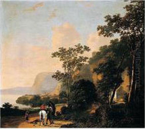 A Southern Coastal Landscape With Riders Conversing On A Path, A Building Nearby Oil Painting by Adriaen van Eemont