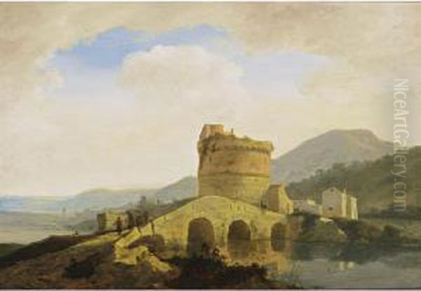 An Italianate Landscape With The Anio Bridge And The Memorial Of Plautii Oil Painting by Adriaen van Eemont