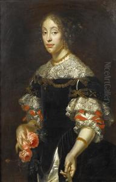 Portrait Of A Lady, Three-quarter-length, In A Black Embroidered Dress And A White Lace Collar, Holding Roses Oil Painting by Justus van Egmont