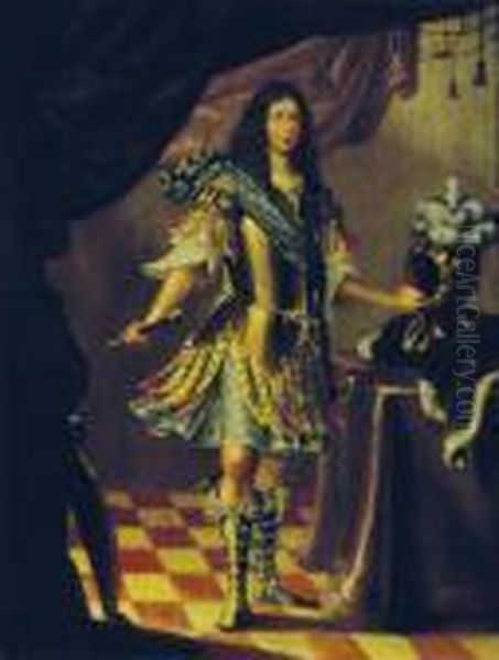 Portrait Of A Nobleman, Standing, Full Length, Wearing Armor Oil Painting by Justus van Egmont