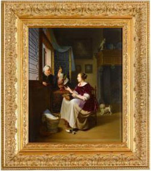 A 
Young Woman In An Interior While An Old Woman Passes A Chicken
Through A Window Oil Painting by Pieter Cornelisz van Egmont