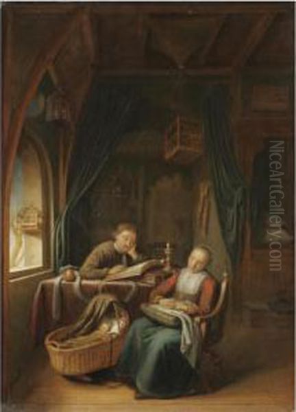 An Interior With A Man Reading, His Wife Snoozing In A Chair Beside Him Oil Painting by Pieter Cornelisz van Egmont