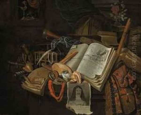 A Vanitas With A Print Of A Portrait Of King Charles Ii Of England, Shells, Musical Instruments, A Globe And Other Objects, On A Stone Ledge Oil Painting by B. Van Eijsen