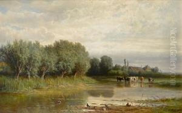 River Landscape With Cattle Watering Oil Painting by Hendrik D. Kruseman Van Elten