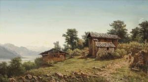 A Girl With A Dog In A Hilly Landscape With Three Stone Shacks by Hendrik D. Kruseman Van Elten