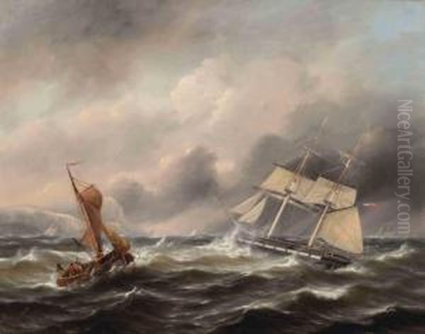 Two Boats In Stormy Weather, The Shore In The Distance Oil Painting by Govert Van Emmerik