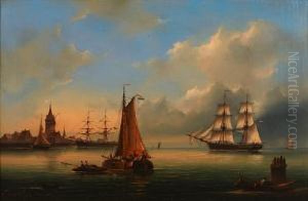 Ships In A German Harbor Oil Painting by Govert Van Emmerik