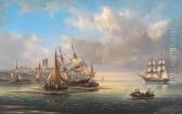 Dutch Shipping In A Harbour Oil Painting by Govert Van Emmerik