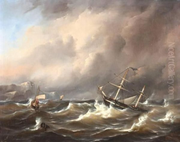 Schepen In Woeste Golven Voor Een Rotskust Oil Painting by Govert Van Emmerik