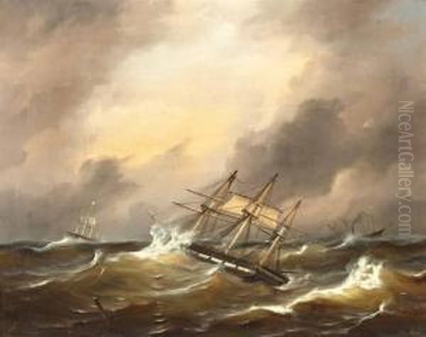 Driemasters En Stoomschip Op Woelige Zee Oil Painting by Govert Van Emmerik