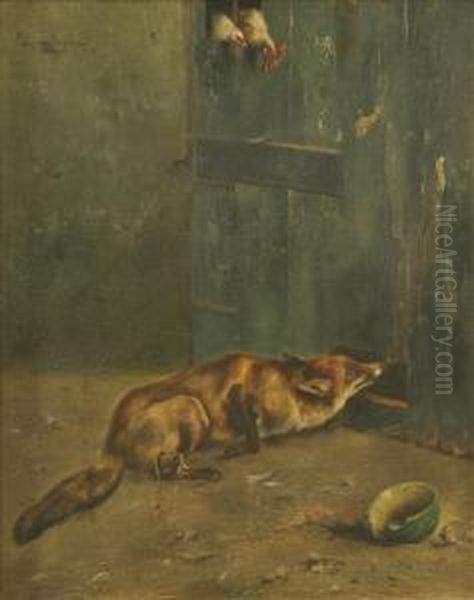 A Fox Stalkingchickens Oil Painting by Piet Van Engelen