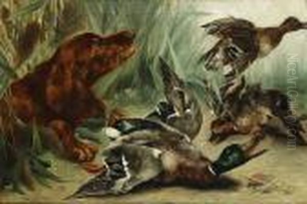 Chien De Chasse Et Canards Oil Painting by Piet Van Engelen