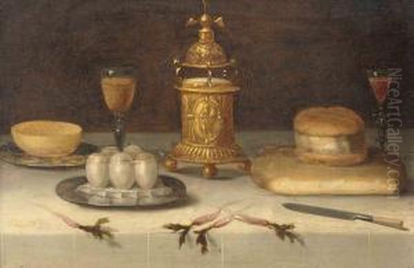 A Silver-gilt Salt Holder, A Loaf Of Bread, A Knife, Facon-de-venise Wine Glasses, Eggs On A Silver Platter And Parsnips, All On A Draped Table Oil Painting by Jacob Fopsen van Es