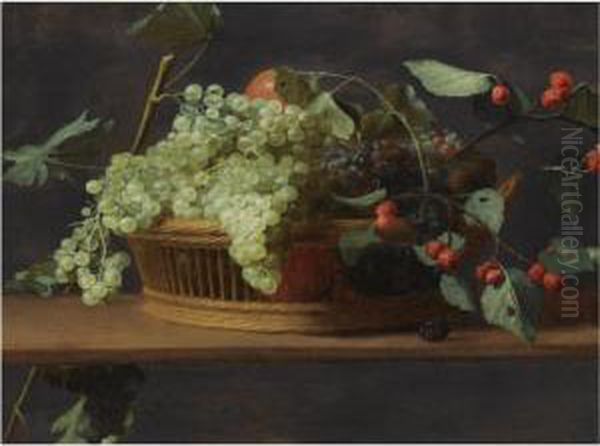 Still Life Of Blue And White Grapes, Together With Wild Strawberries, All In A Basket, On A Wooden Ledge Oil Painting by Jacob Fopsen van Es