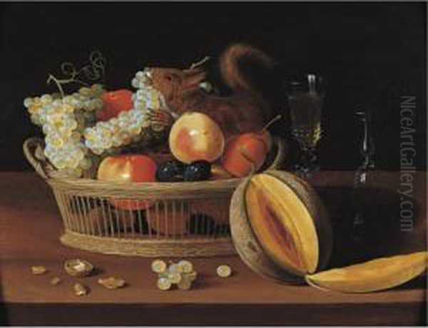 A Still Life Of A Basket Of Fruit With A Squirrel, Glasses, And A Melon On A Tabletop Oil Painting by Jacob Fopsen van Es