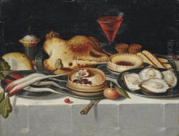 Roast Fowl, A Pie, Oysters And Other Food On Silver Platters, With A Glass Of Wine On A Cloth-covered Table Oil Painting by Jacob Fopsen van Es