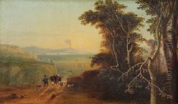 Napolitaans Landschap Bijondergaande Zon Met Herder Oil Painting by Felix Van Espen