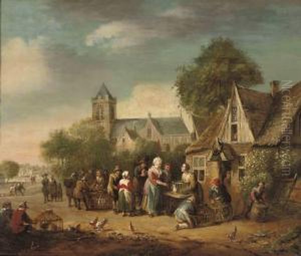 A Poultry Market Near An Inn Oil Painting by Barend Gael or Gaal