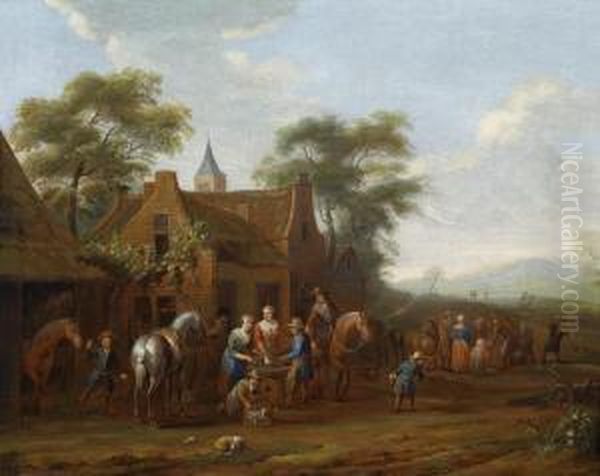 A Hunting Party In Front Of A Tavern Oil Painting by Barend Gael or Gaal