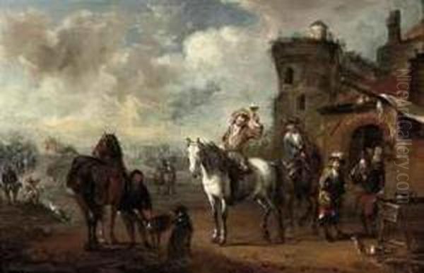 A Hunting Party Stopping At An Inn Oil Painting by Barend Gael or Gaal