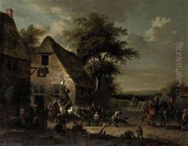 A Town View With Figures Conversing And Playing The Game Of'gaasgouwe' Oil Painting by Barend Gael or Gaal