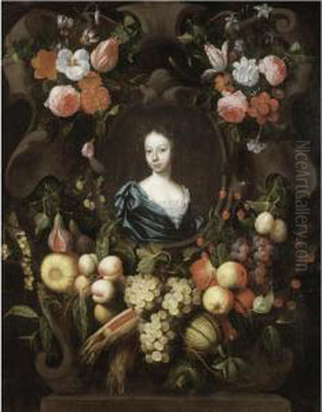 Portrait Of A Lady, Head And Shoulders, Surrounded By A Stone Cartouche And Garlands Of Fruit And Flowers Oil Painting by Frans Van Everbroeck