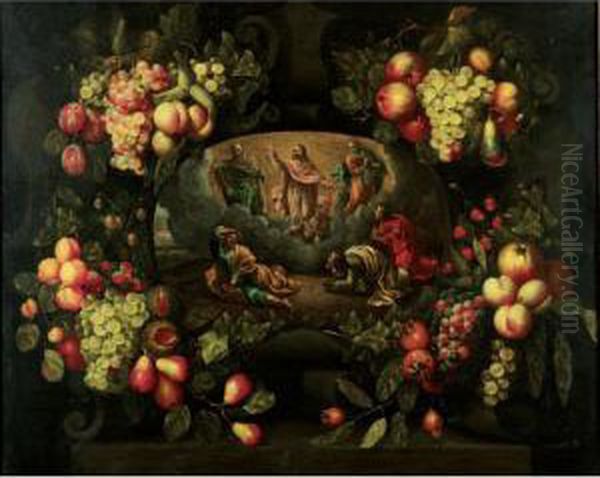 Still Life Of A Garland Of Flowers Adorning A Stone Cartouche Containing The Transfiguration Oil Painting by Frans Van Everbroeck